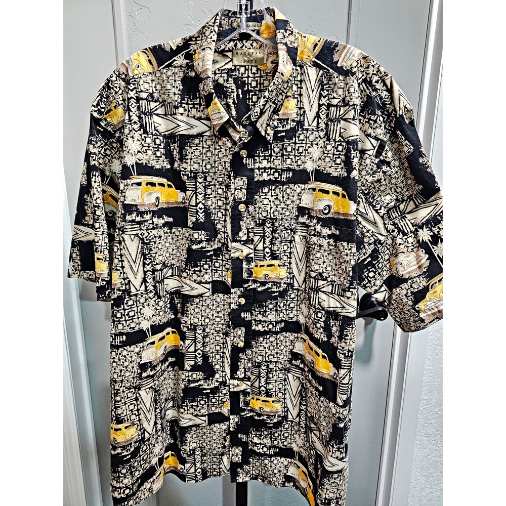 Vintage Natural Issue Men's XLT Car Print Shirt Black Yellow Retro 90s